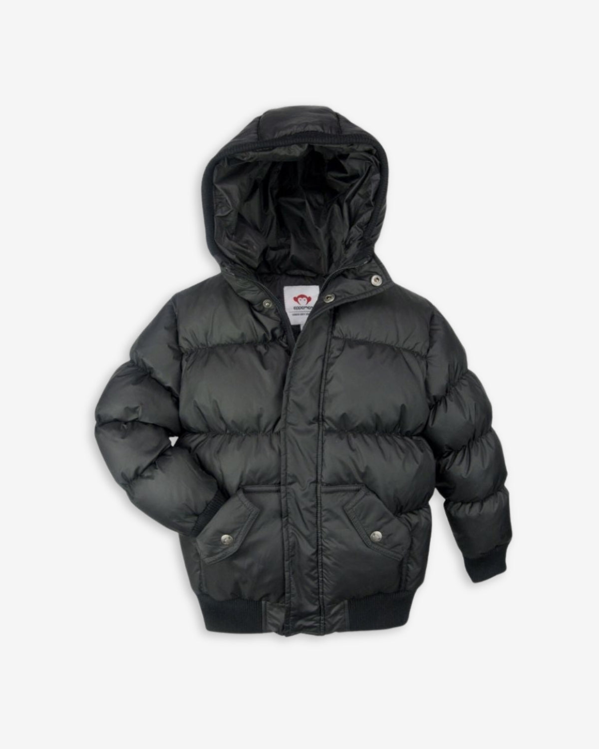 Stylish kids black puffy coat with hood, ready for adventures and cozy winter fun. High-quality kids clothes for back to school!