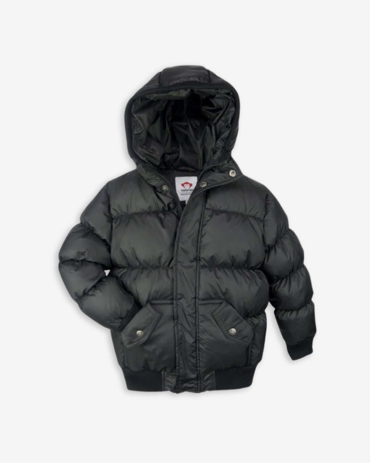 Kids Black Puffy Coat with hood, ideal boys puffer jacket for warmth and style.