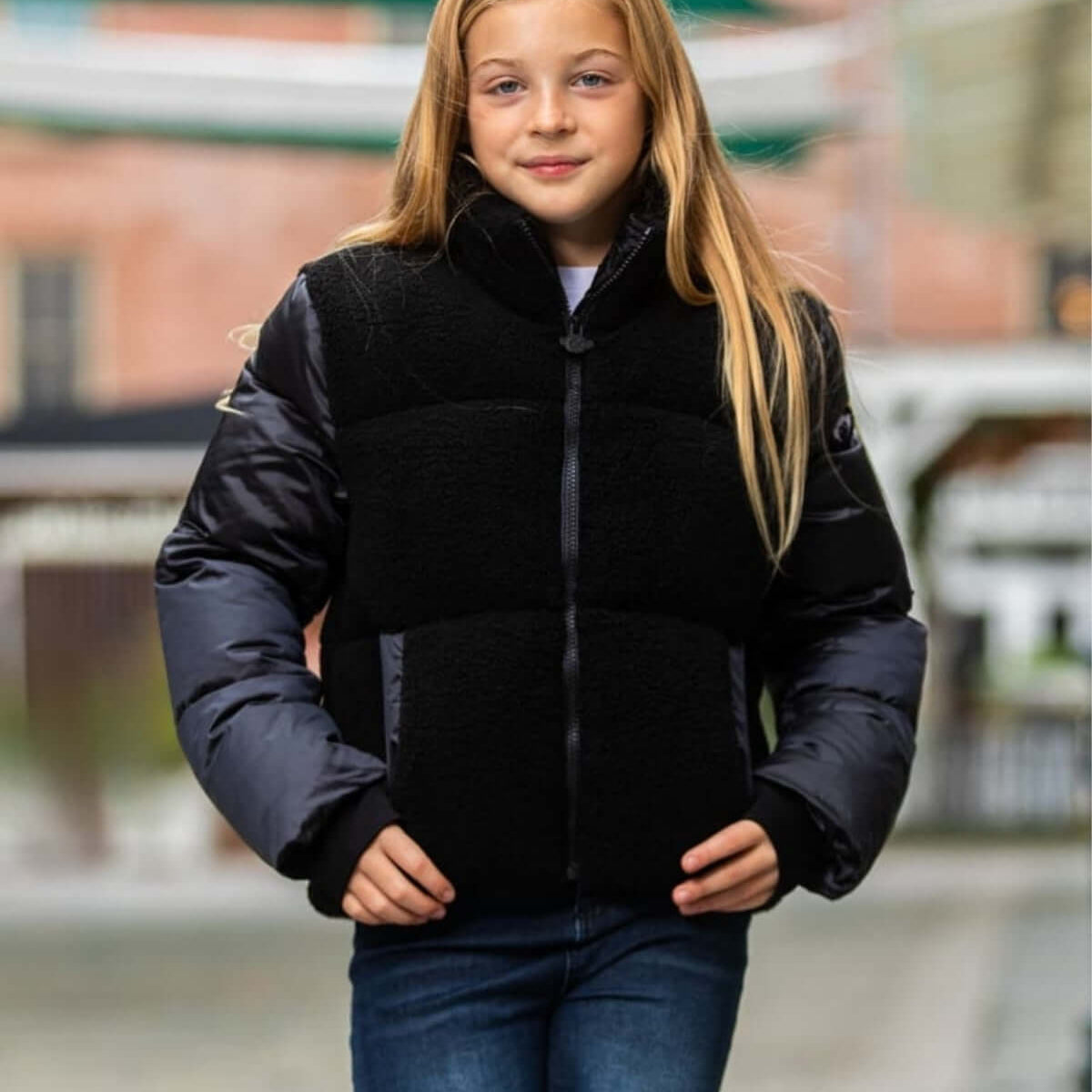 Cropped Puffer Black Faux Fur Stripe Hood Puffer Jacket Girls