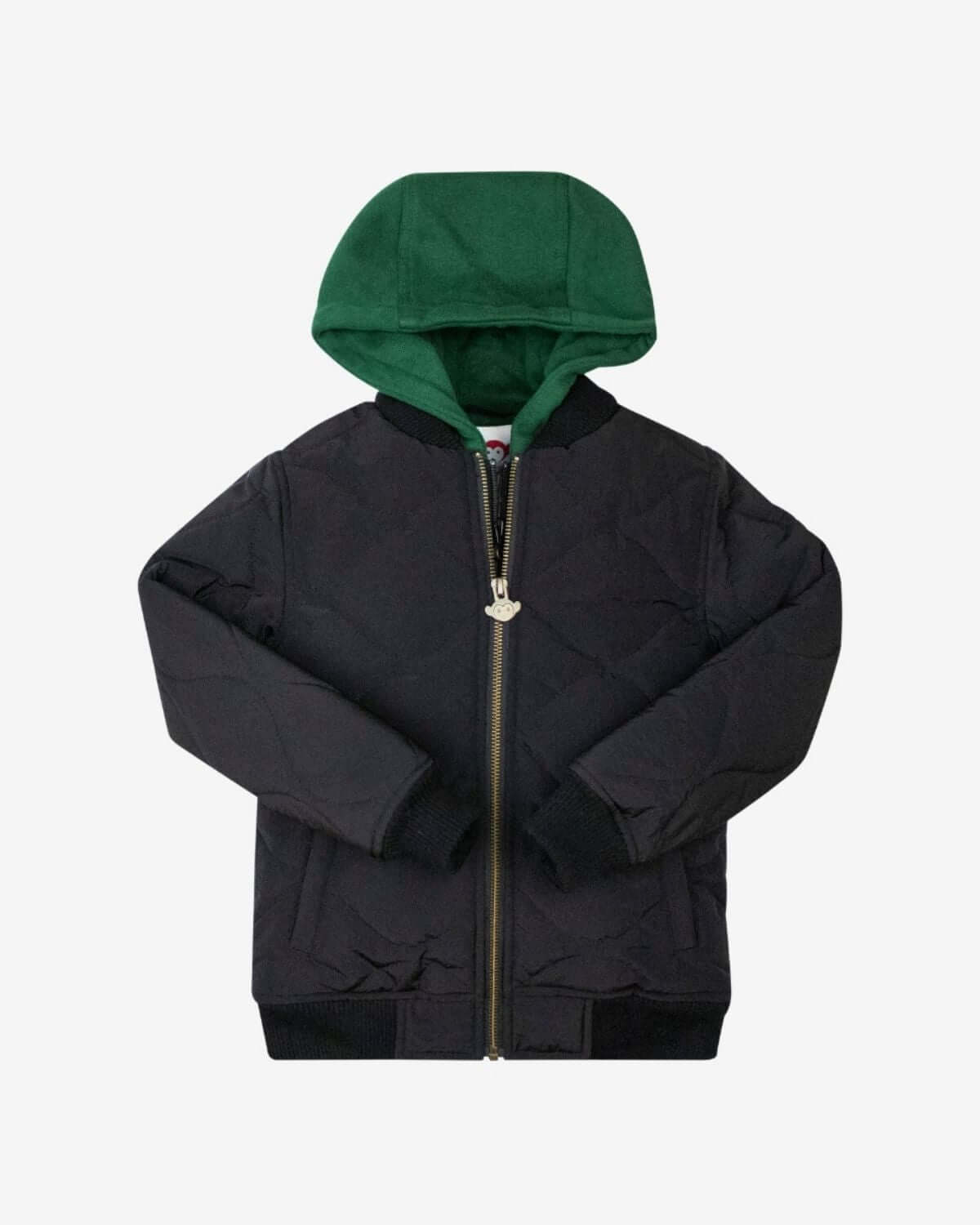 Stylish black BX Bomber jacket with bold green hood—ideal for kids’ adventures in rainy weather. Durable and trendy!