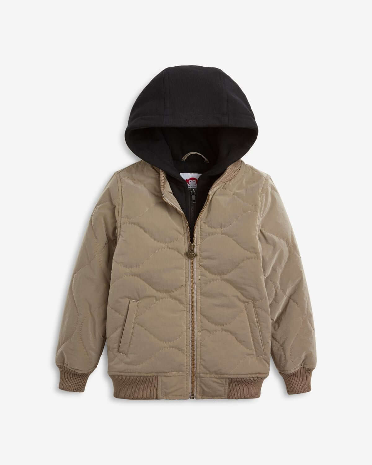 Stylish Warm Grey BX Bomber Jacket with black hood, ideal for trendy kids braving the elements. Perfect for back-to-school fun!