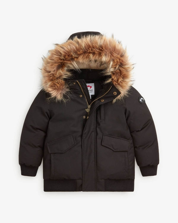 Black City Transit Coat with faux fur hood and lining, perfect for winter warmth and style.