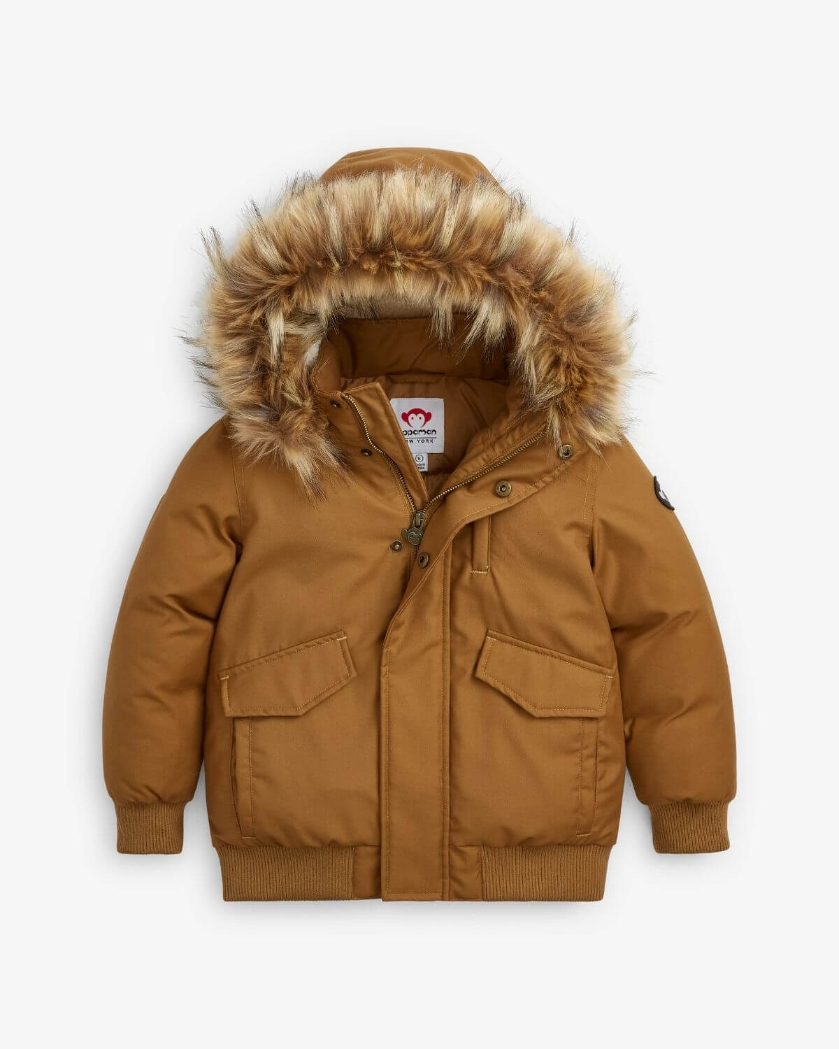 Tan City Transit Coat with removable fur-lined hood, perfect for stylish winter adventures!