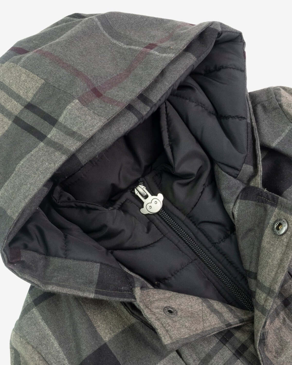 Grey Plaid New Gotham Coat interior detailing with cozy quilted fabric and hood