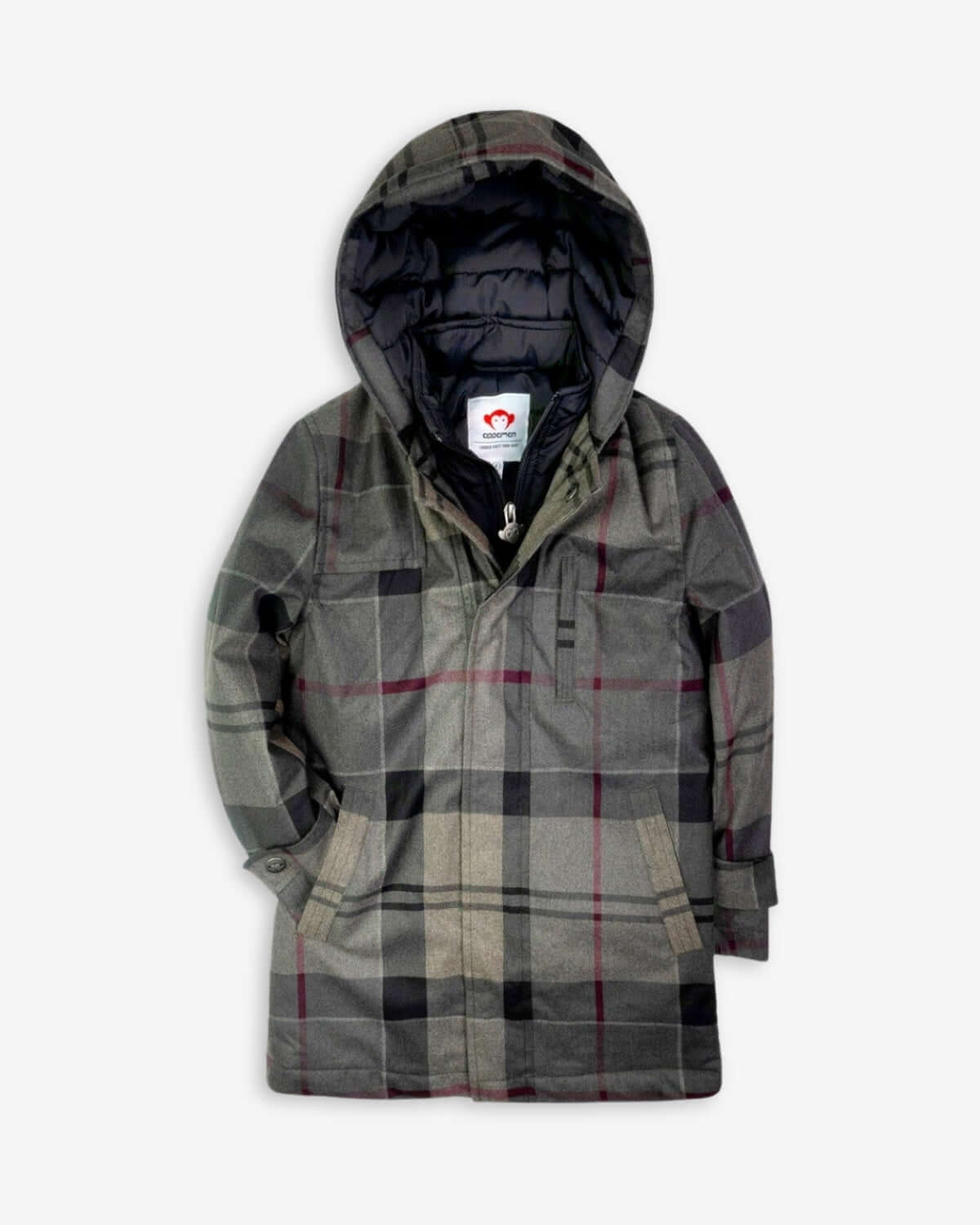 Grey Plaid New Gotham Coat, a stylish and warm boys' coat with hood and pockets.
