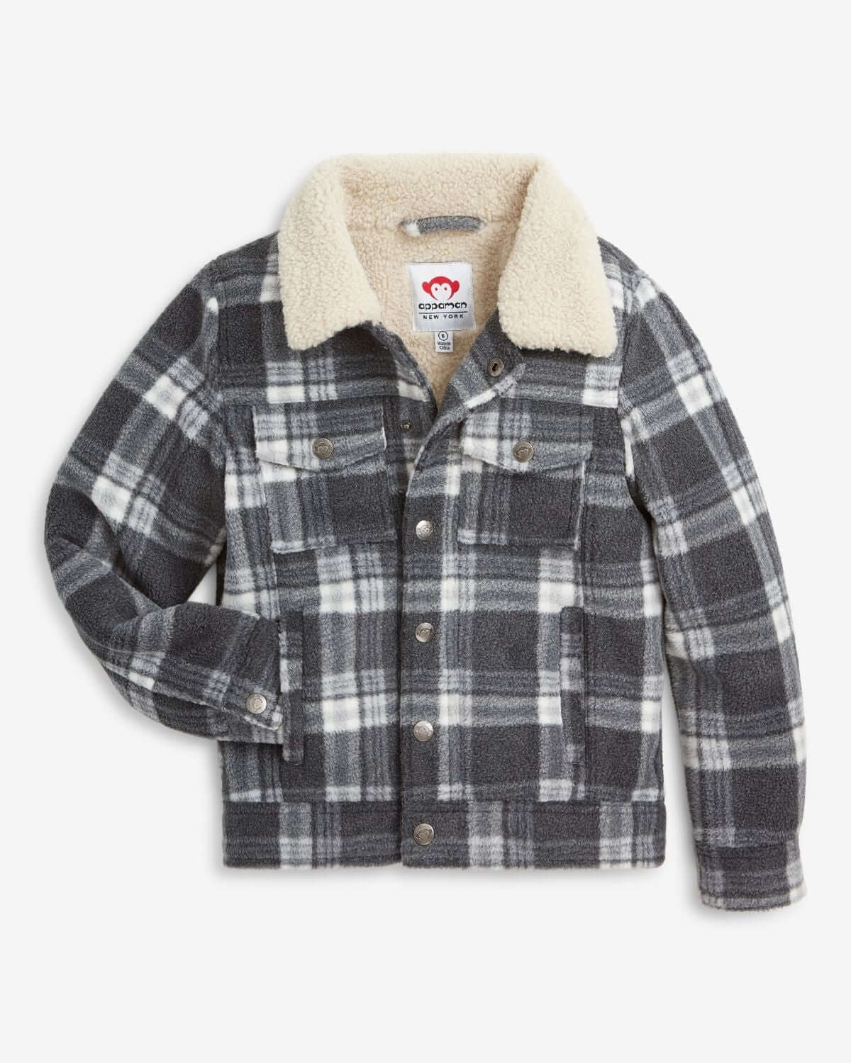 Cozy Grey Buffalo Heritage Jacket for kids—stylish flannel and soft Sherpa, perfect for chilly adventures!