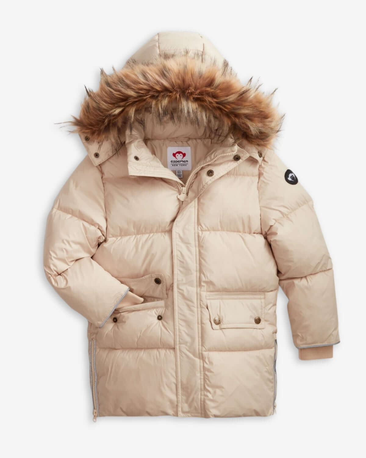Ivory Expedition Puffer Coat with removable faux fur hood, stylish and cozy for kids' winter adventures.