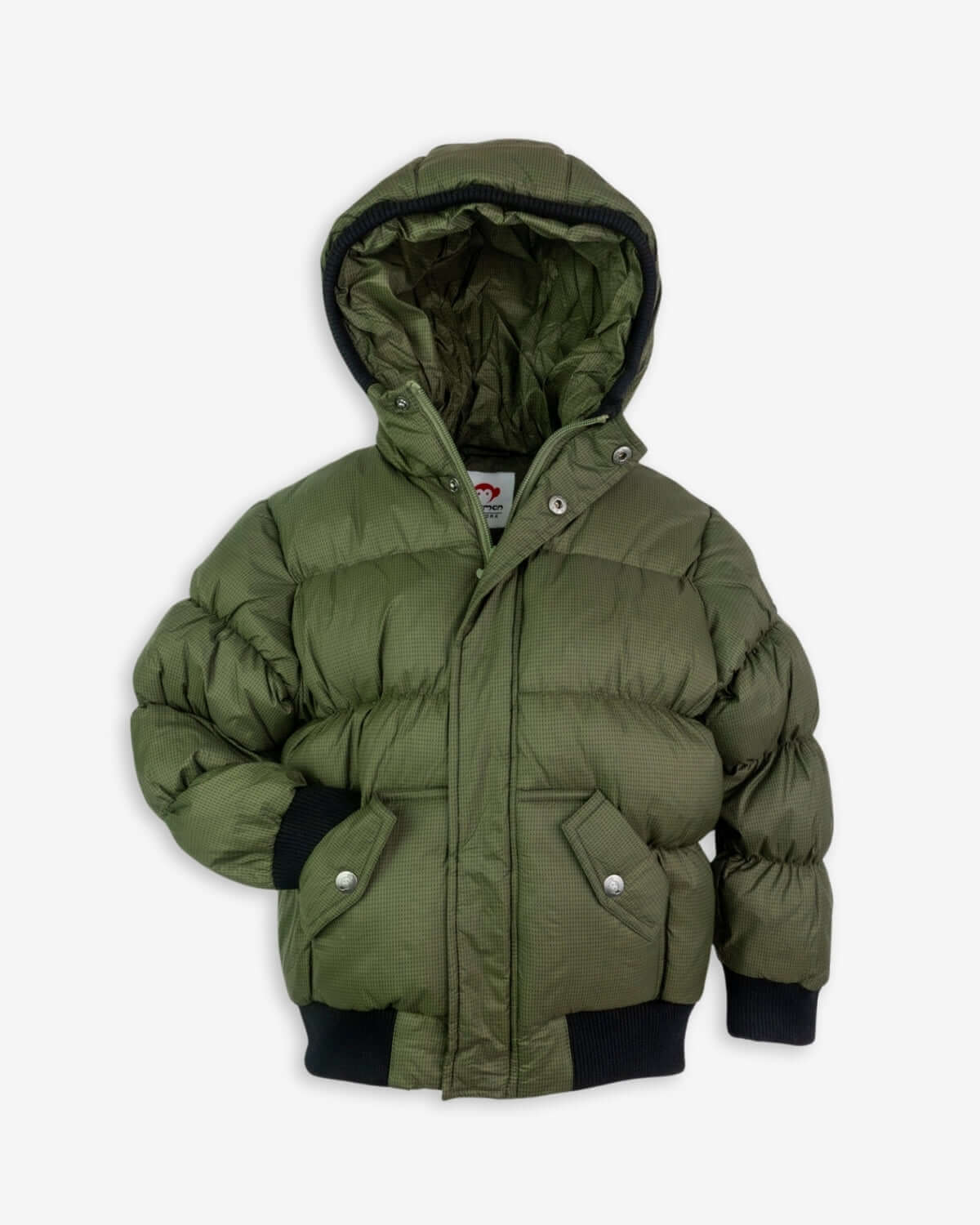 Thunderstorm Puffy Coat in olive green—stylish warmth for kids, perfect for chilly city adventures and back to school.