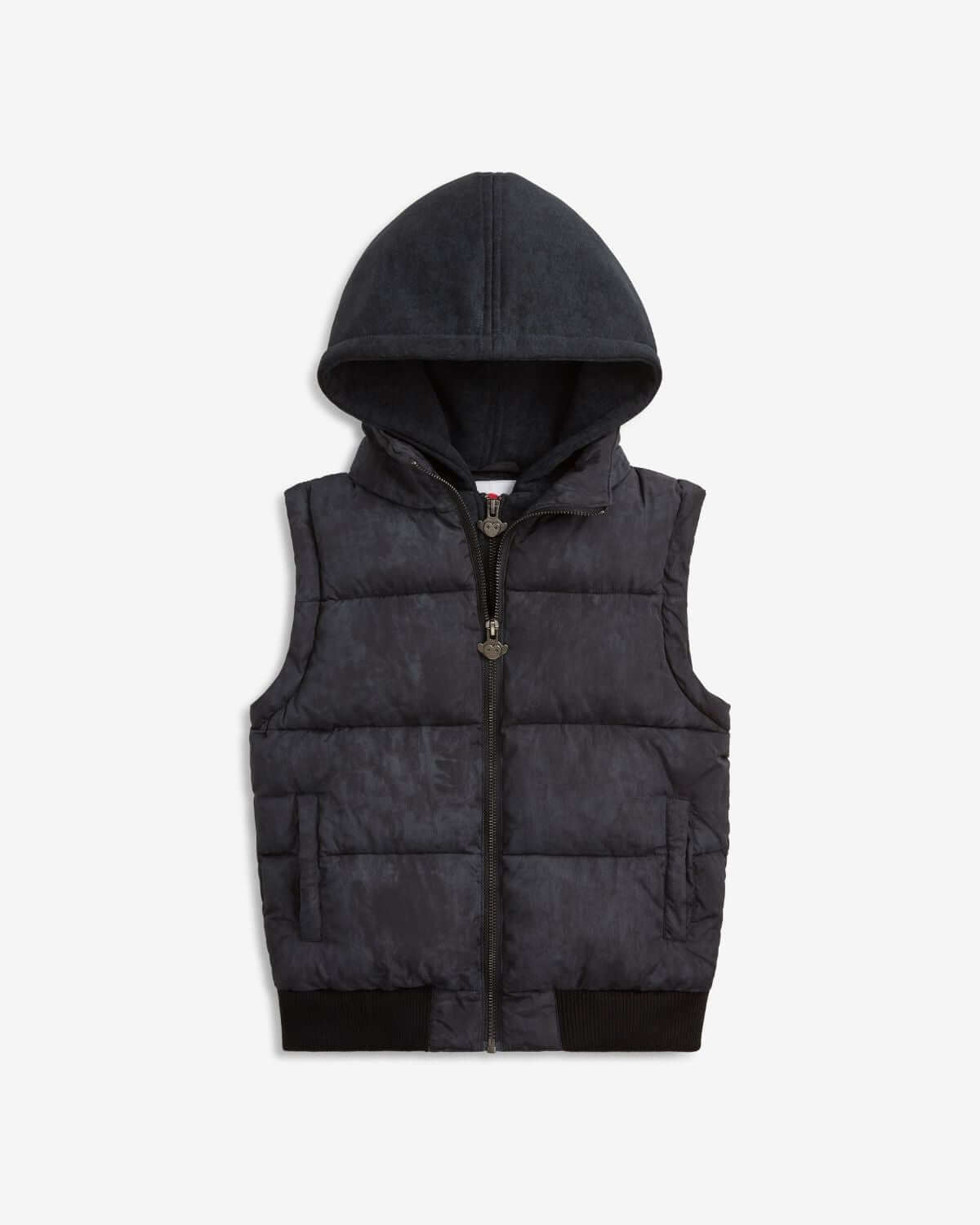 Stylish washed black vest jacket with a cozy hood, perfect for kids' casual adventures and back-to-school wear.