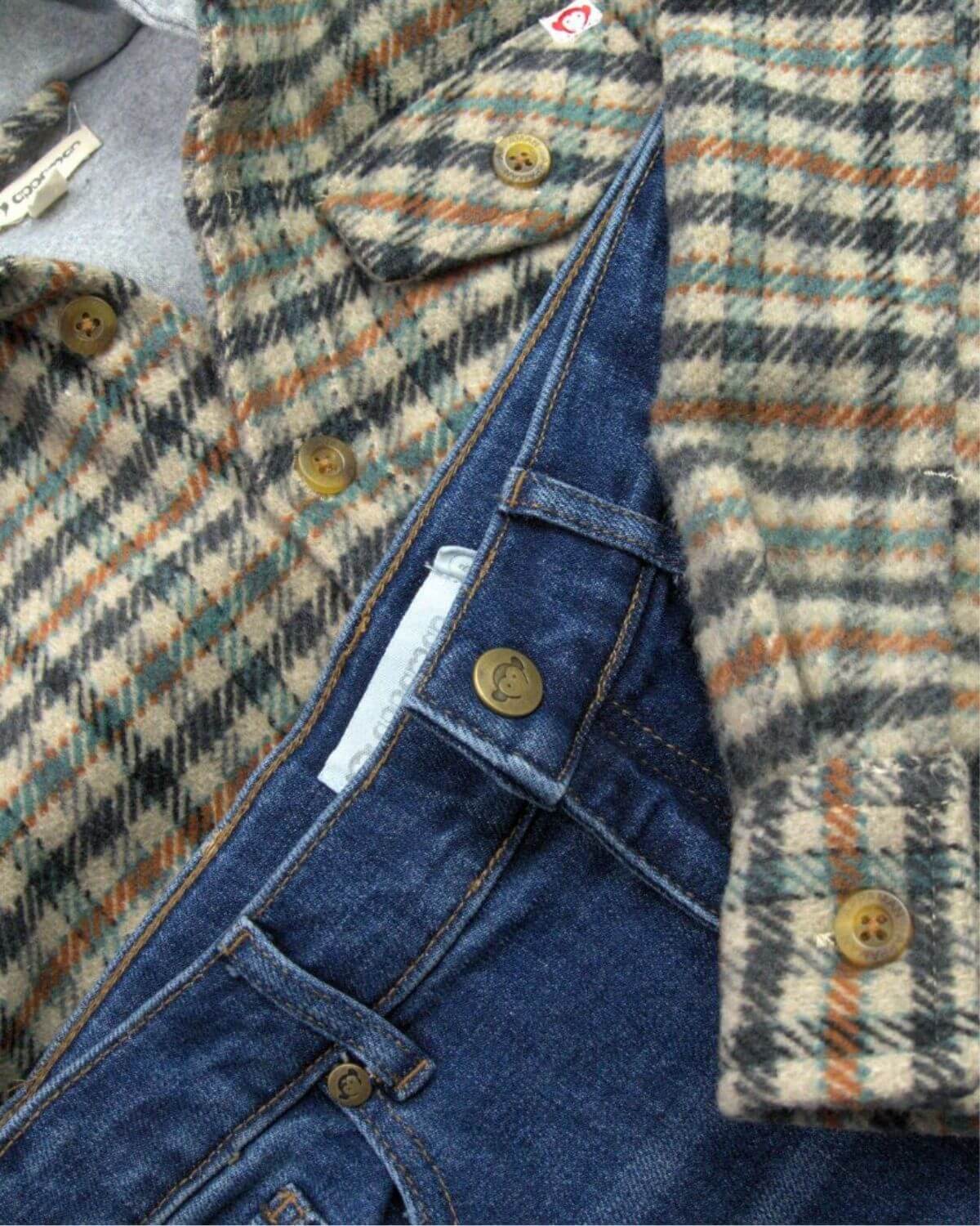 Beige/teal check Glen hooded shirt paired with stylish denim—perfect kids clothes for a cozy, back-to-school vibe!