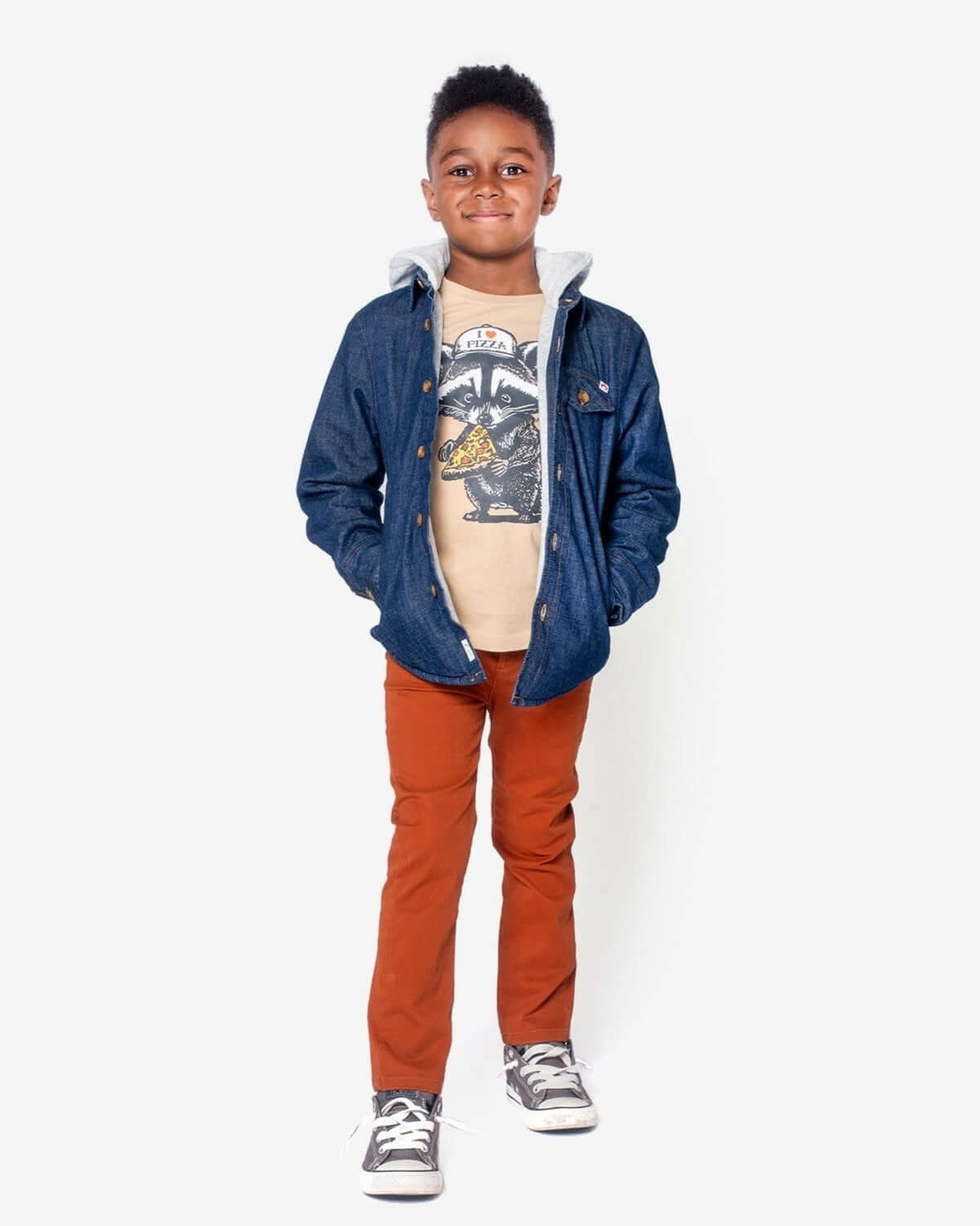 Stylish kid rocking the Denim Blue Glen Hooded Shirt with cozy hoodie—perfect for back to school adventures!