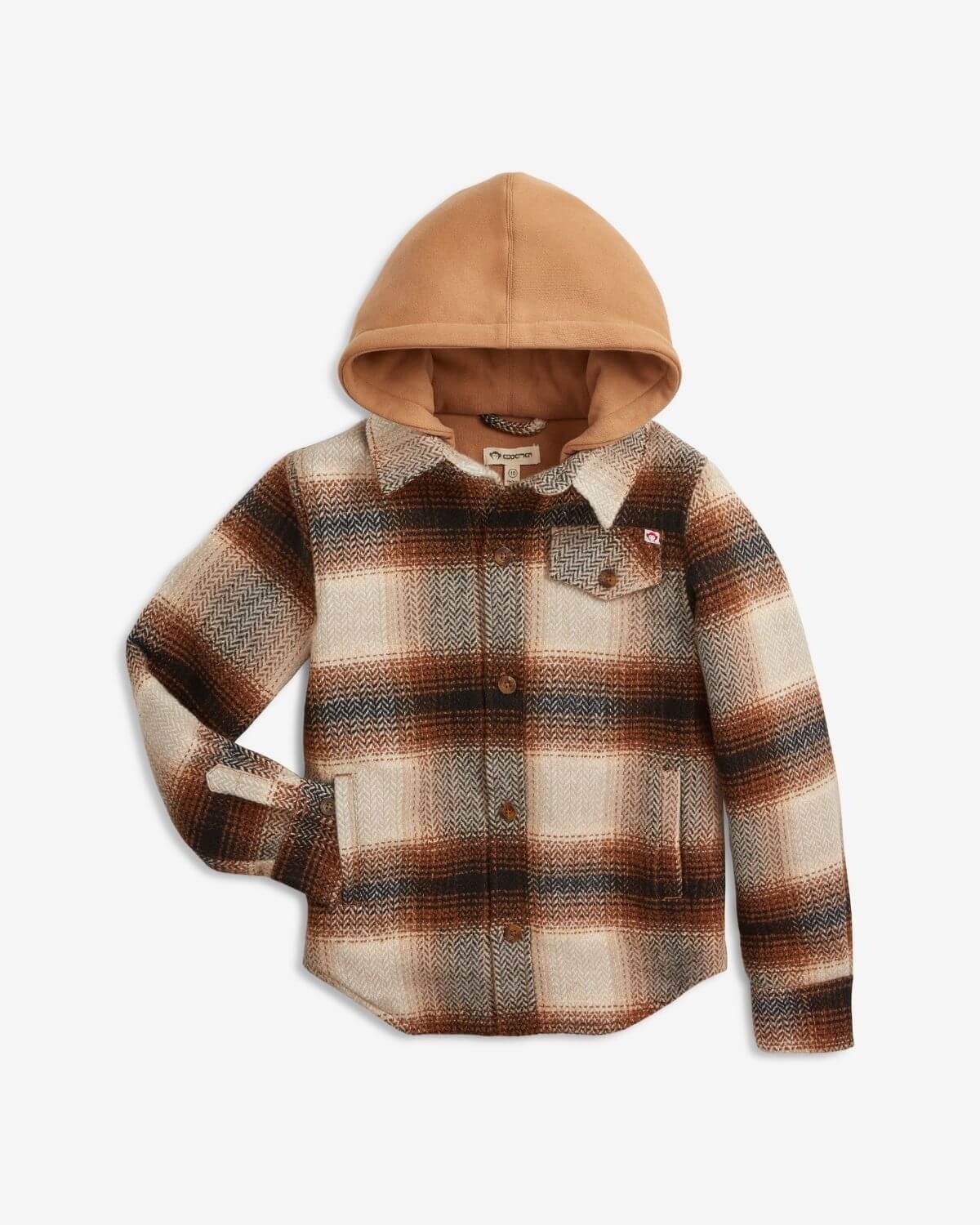 Lumber plaid Glen hooded shirt for kids—stylish, cozy, and ready for school adventures in high-quality fabric.