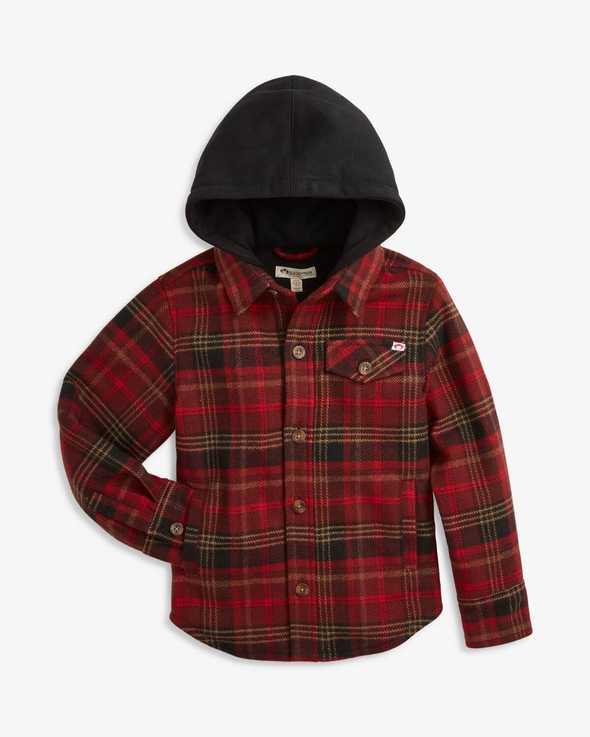 Glen Hooded Shirt in Red & Black Plaid: Stylish, comfy kids clothes for cool adventures, perfect for back to school!
