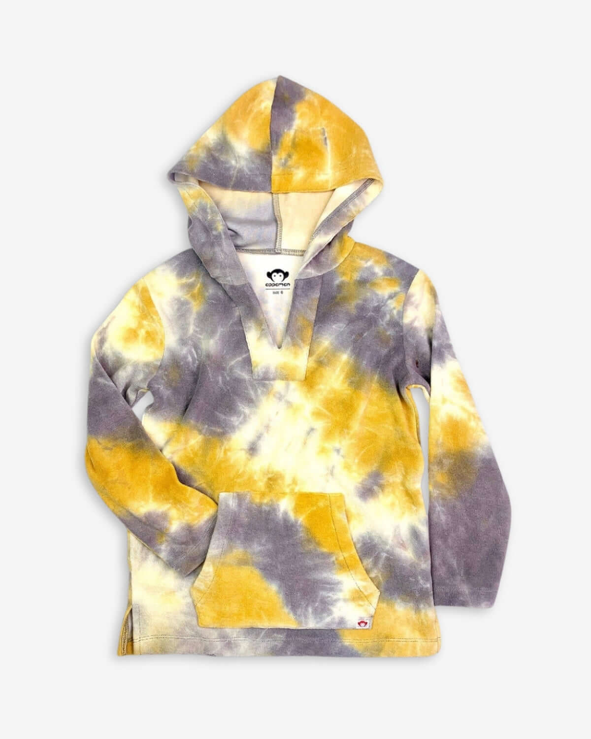 Goldenrod Baja Pullover in vibrant golden and grey tie dye pattern with hood and pocket.
