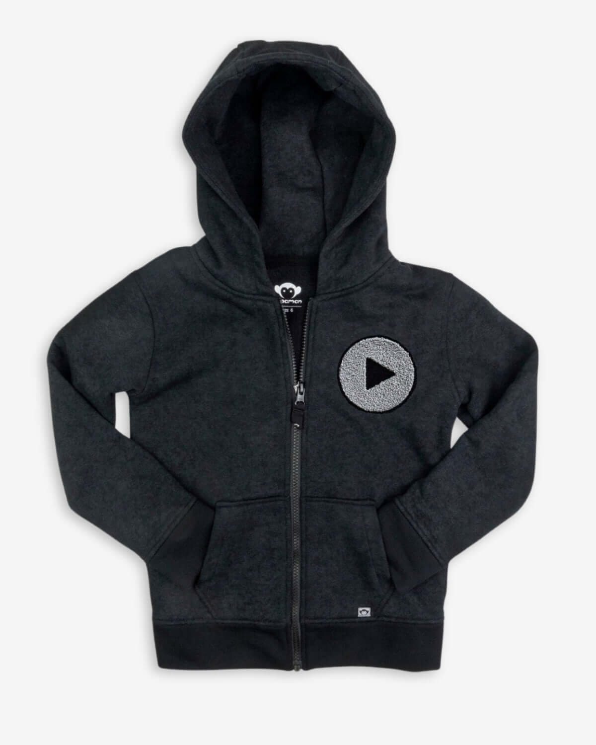 Playful kids zip hoodie in chic black, featuring a sparkly play button for stylish adventures outdoors.