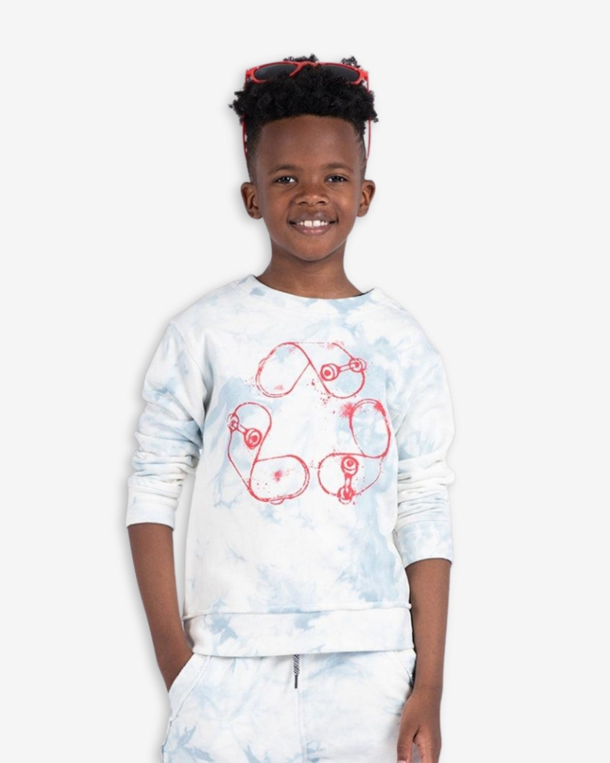 Charming boy in a Sky Tie Dye Highland Sweatshirt, stylishly eco-friendly kids clothes that stand out this back to school!