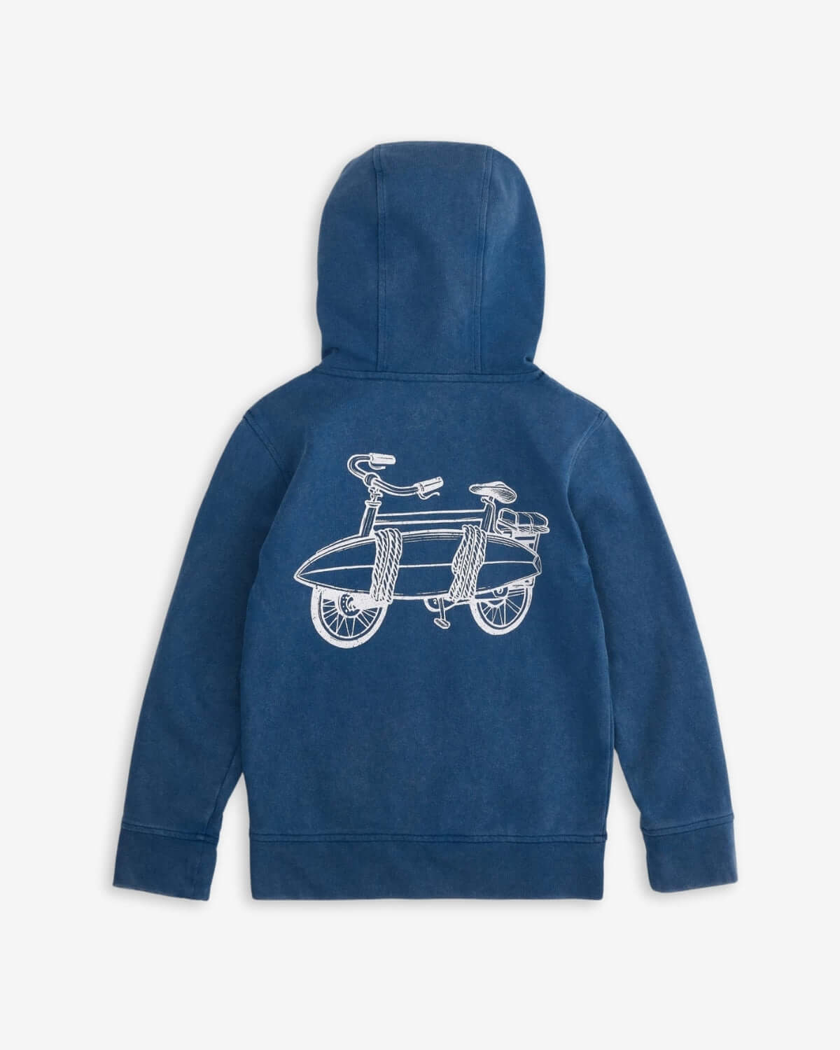 Stylish sunwashed blue hoodie featuring a playful bike design—perfect for kids' casual adventures in style!