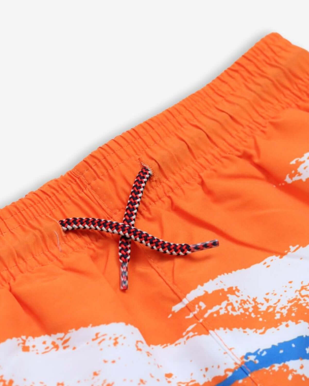 Close-up of vibrant 90s Retro Swim Trunks featuring a stylish drawstring, ready for summer fun and adventures.