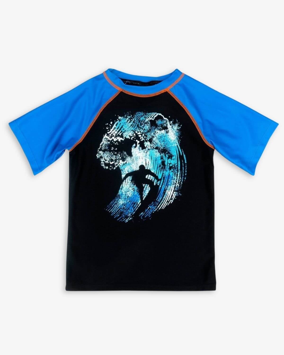 Surfer Wave Blue Rash Guard featuring a vibrant wave graphic and blue sleeves, ideal for sun protection.