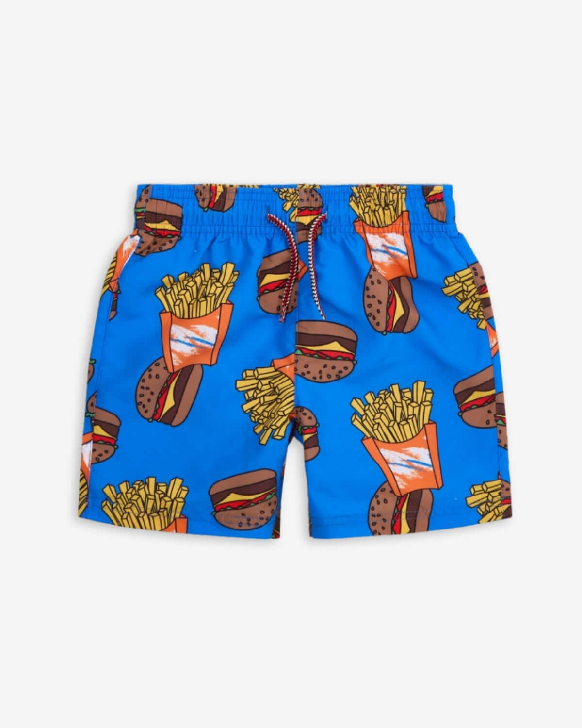 Burgers & Fries Swim Trunks featuring colorful burger and fries print on blue background.