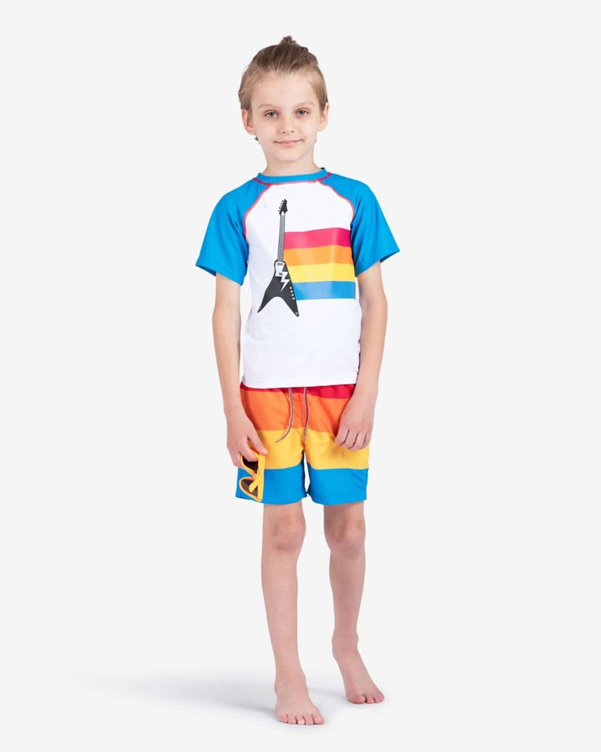 Guitar Strings Rash Guard for kids, featuring a colorful guitar graphic and bright swim shorts.