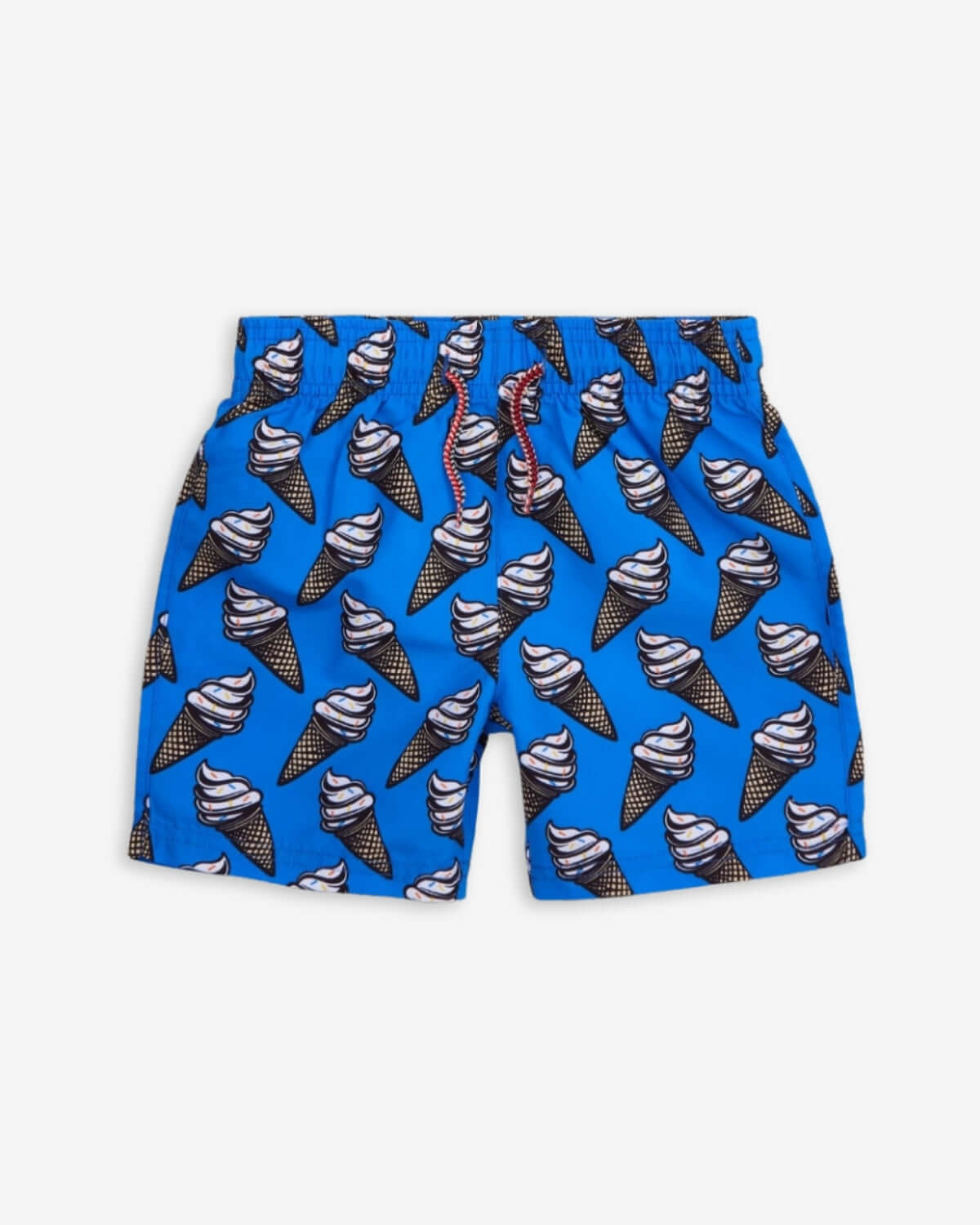 Bright blue swim trunks with yummy ice cream cone prints—perfect kids clothes for summer fun!