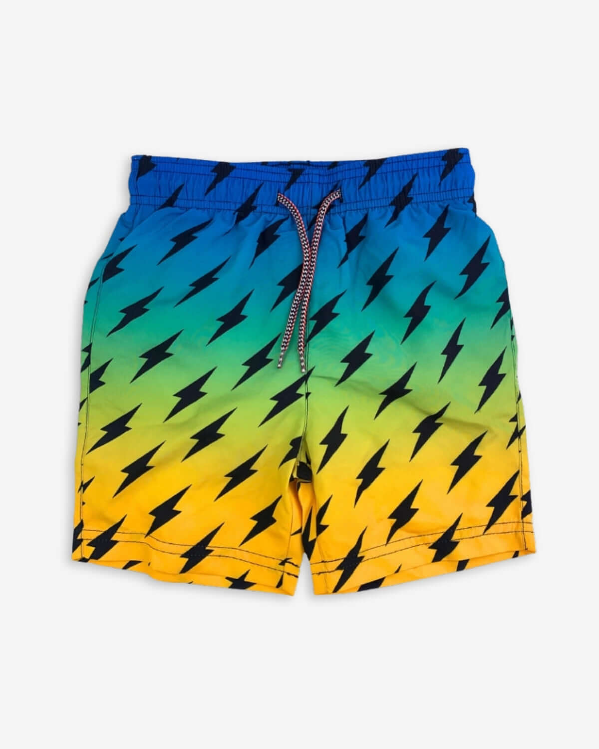Electric lightning bolt swim trunks for kids, perfect for stylish summer fun and back to school adventures!