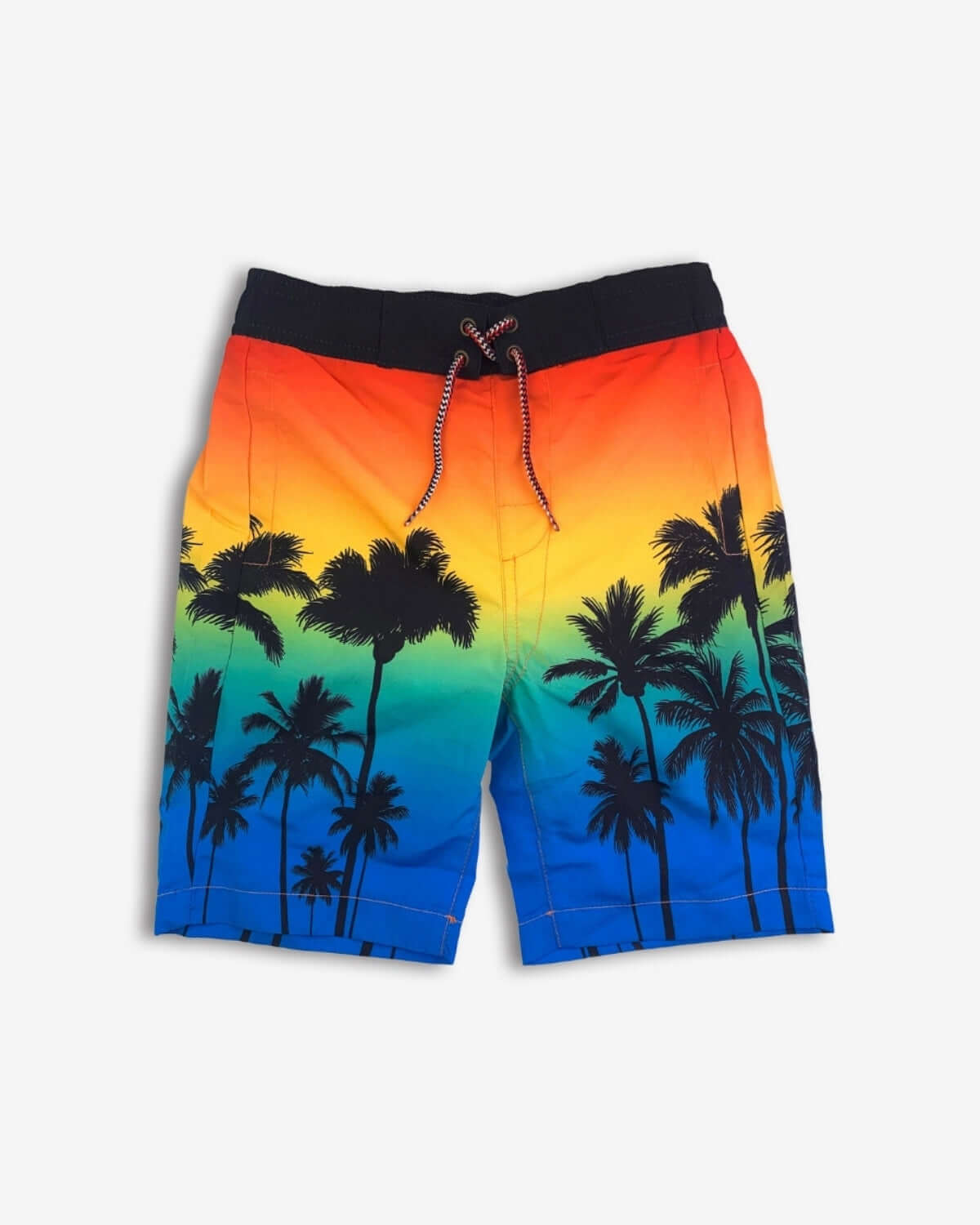Vibrant ombre swim trunks with palm trees, perfect for stylish beach days and back-to-school adventures!