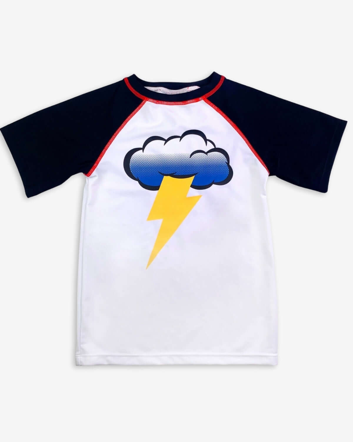 Storm Cloud Rash Guard with thunderstorm cloud graphic and lightning, perfect for sun protection during swimming.