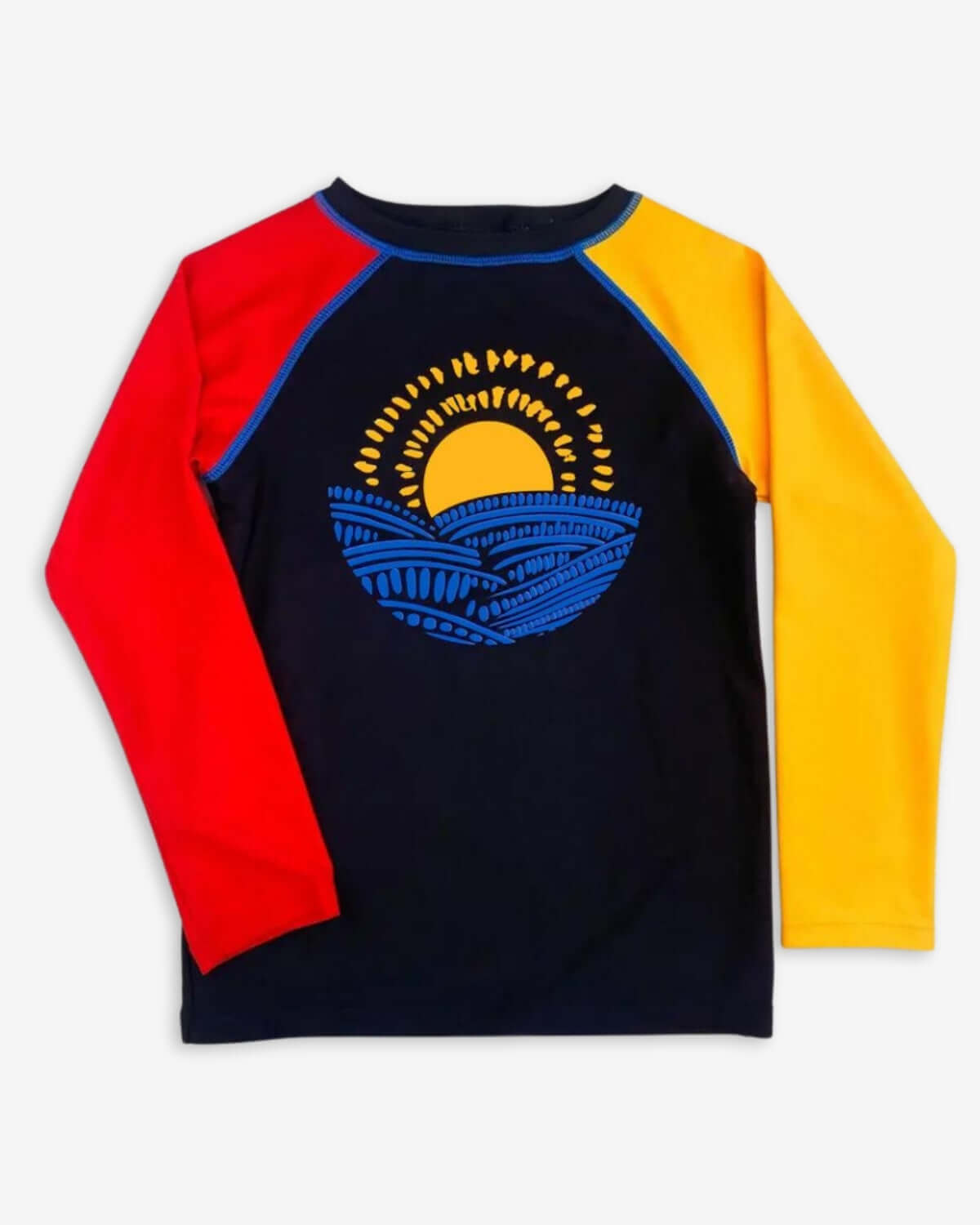 Sunny Waves Rash Guard featuring a colorful design with a sun and vibrant sleeves for summer fun.