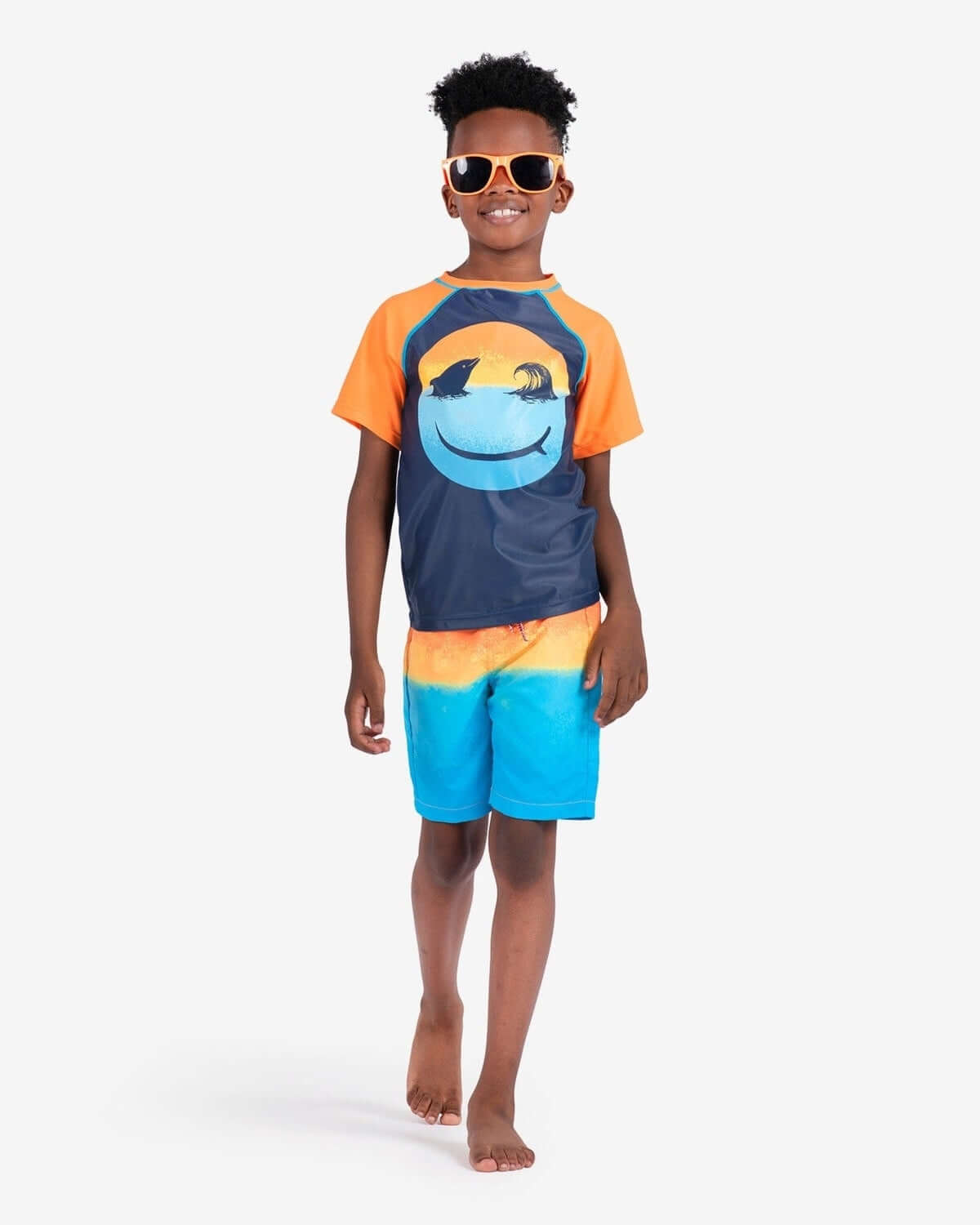 Stylish kid in playful swimwear, ready to ride the waves in vibrant colors—perfect for back to school adventures!