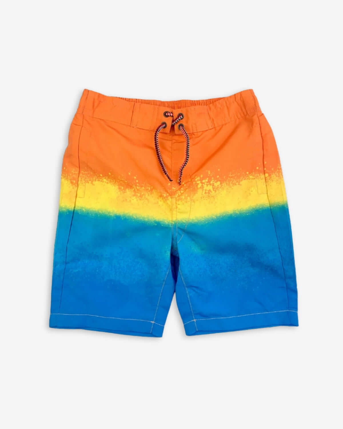 Bright orange and blue surfboard print boys swim trunks, ideal kids clothes for adventures in sun, surf, and back to school!
