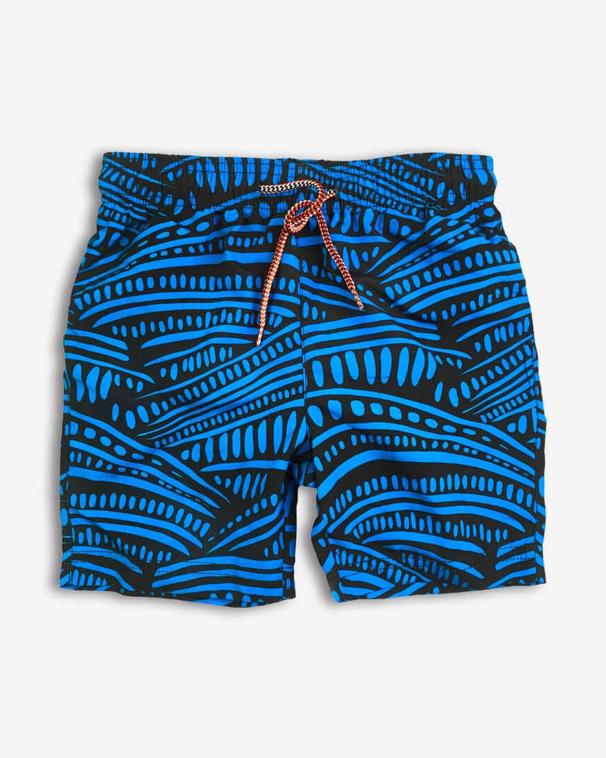 Vibrant blue swim trunks with wave pattern, ideal kids clothes for summer fun and stylish back to school adventures!