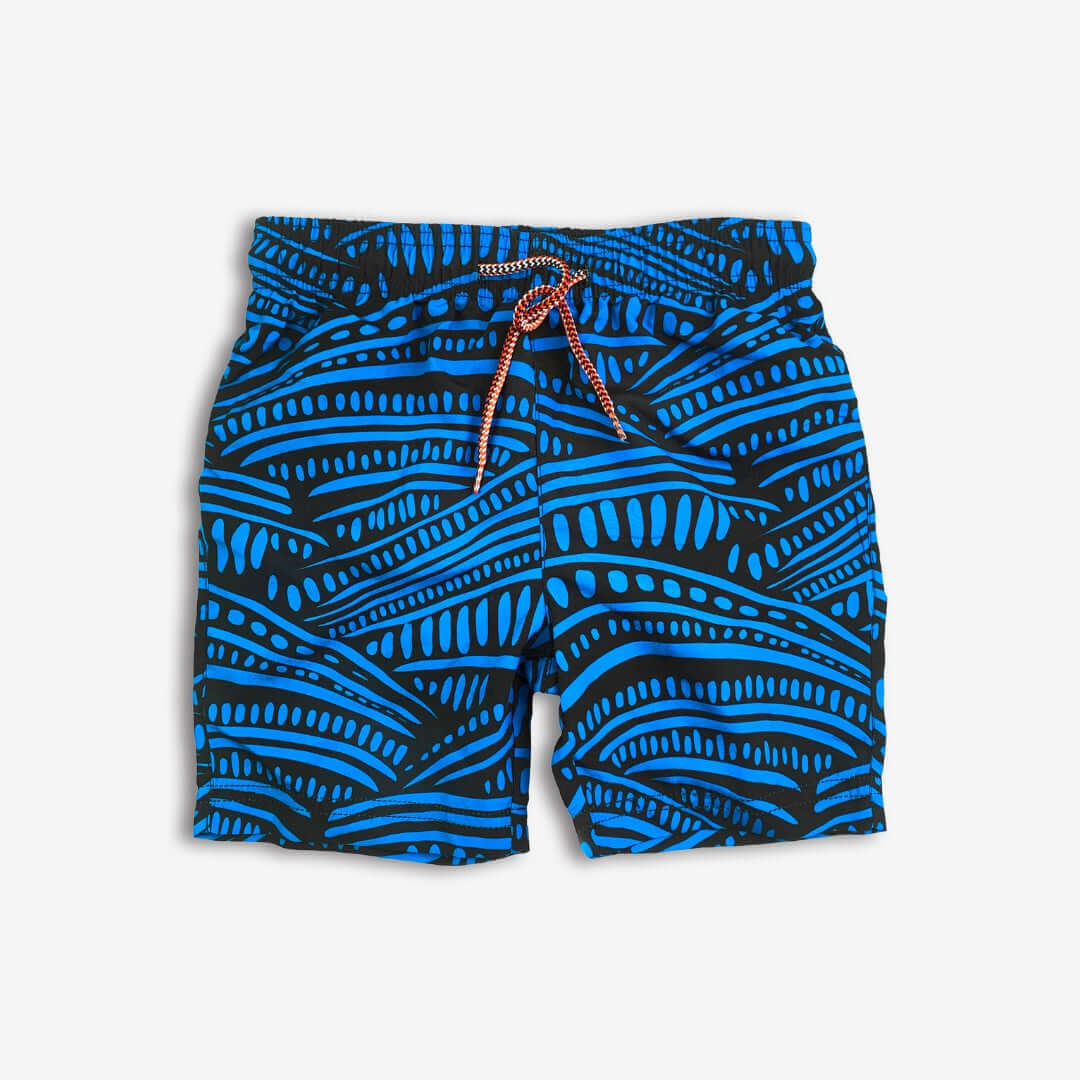 Vibrant blue swim trunks with wave pattern, ideal kids clothes for summer fun and stylish back to school adventures!