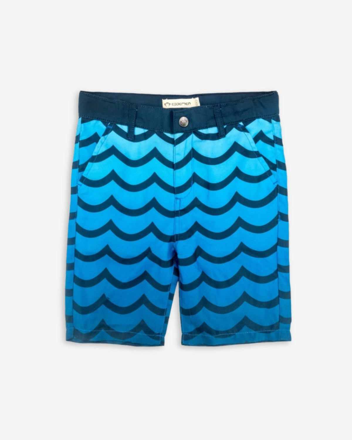 Wavy blue hybrid swim shorts for active kids, stylish and quick-dry with UPF 50+ protection, perfect for back to school adventure!