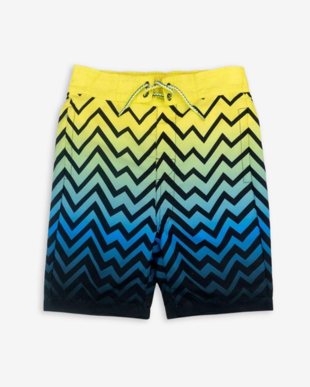 Bright zigzag swim trunks with UPF 50+, perfect for stylish beach days and summer splashes, high-quality kids clothes!