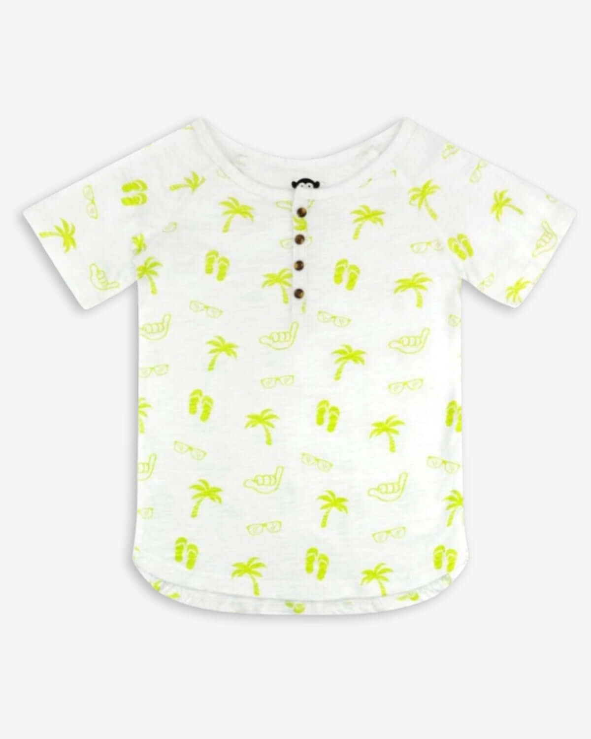 Beach Vibes Clubhouse Henley white short sleeve tee with tropical print of palm trees and sunglasses.
