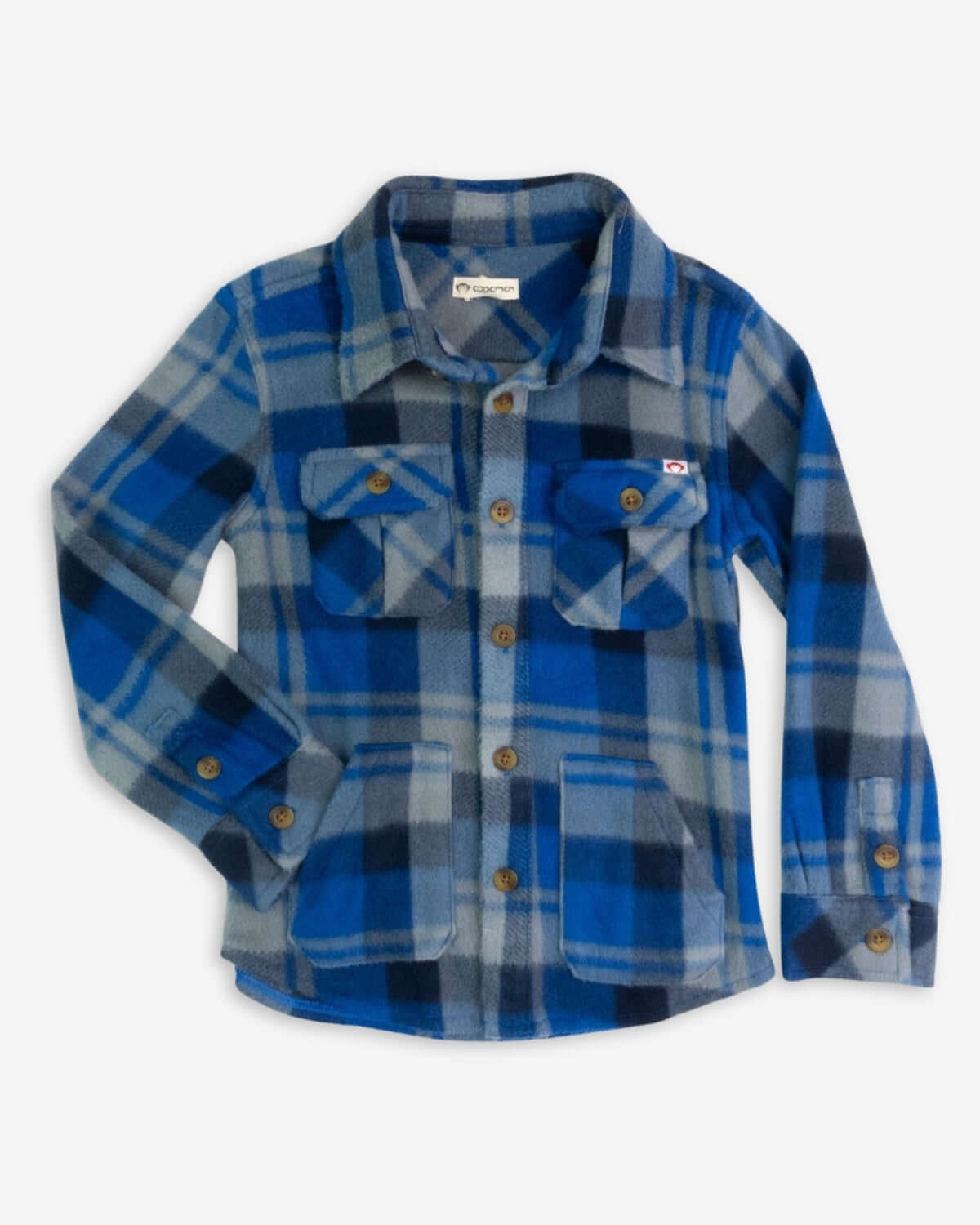 Snug blue/taupe plaid snow fleece shirt for kids—stylishly warm and playful for chilly adventures!