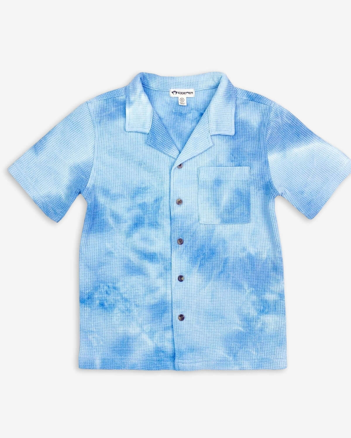 Blue Tie Dye Resort Shirt for kids—stylish, unique, and perfect for summer fun! Ideal boys and girls clothes.
