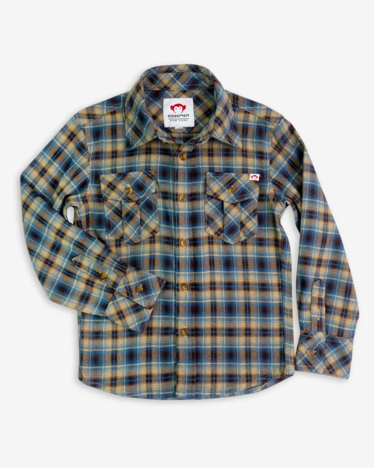Stylish Chocolate and Blue Plaid Flannel Shirt for boys, 100% cotton, perfect addition to kids clothes this back to school season.