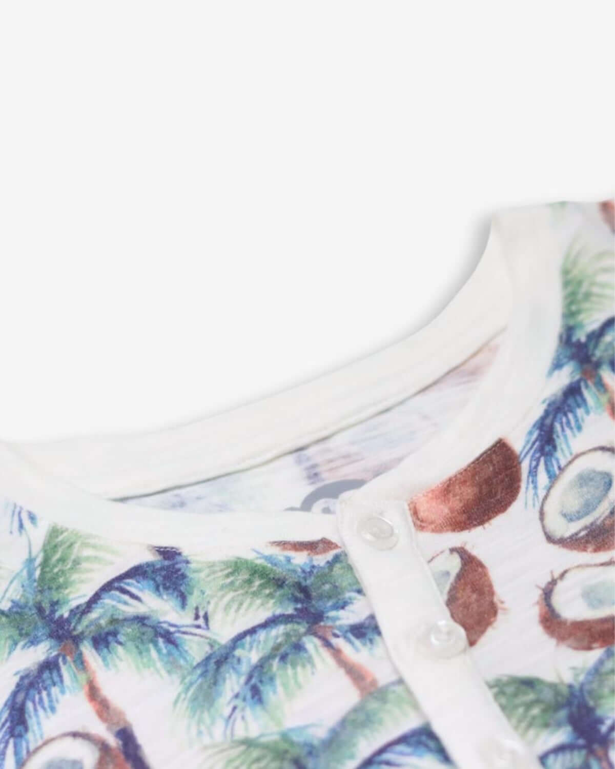 Coconut Palms Henley neckline showcasing vibrant palms and coconuts—stylish kids clothes for fun adventures!