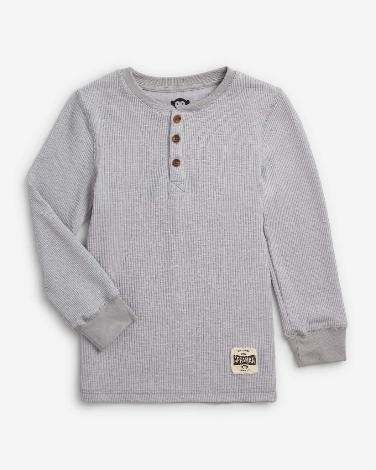 Cool grey thermal henley for kids: stylish, cozy, and durable—perfect for back to school adventures!
