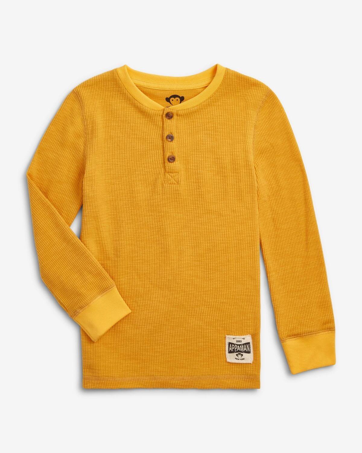 Bright mustard Craftsman Thermal Henley for kids, combining style and warmth—ideal for back-to-school adventures!