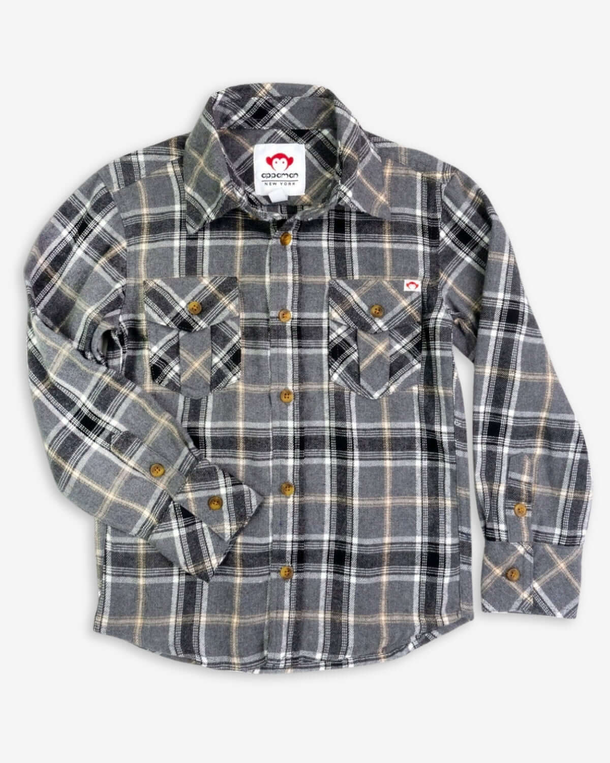 Stylish greige plaid flannel shirt for kids, crafted from soft cotton—ideal for fall adventures and back-to-school fun!
