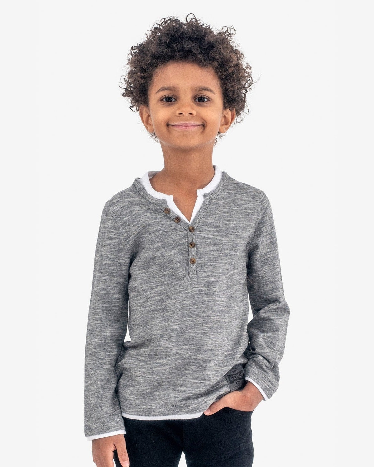 Stylish kid in Grey Stripe Camden Henley, ready for playdates or school adventures in trendy kids clothes.