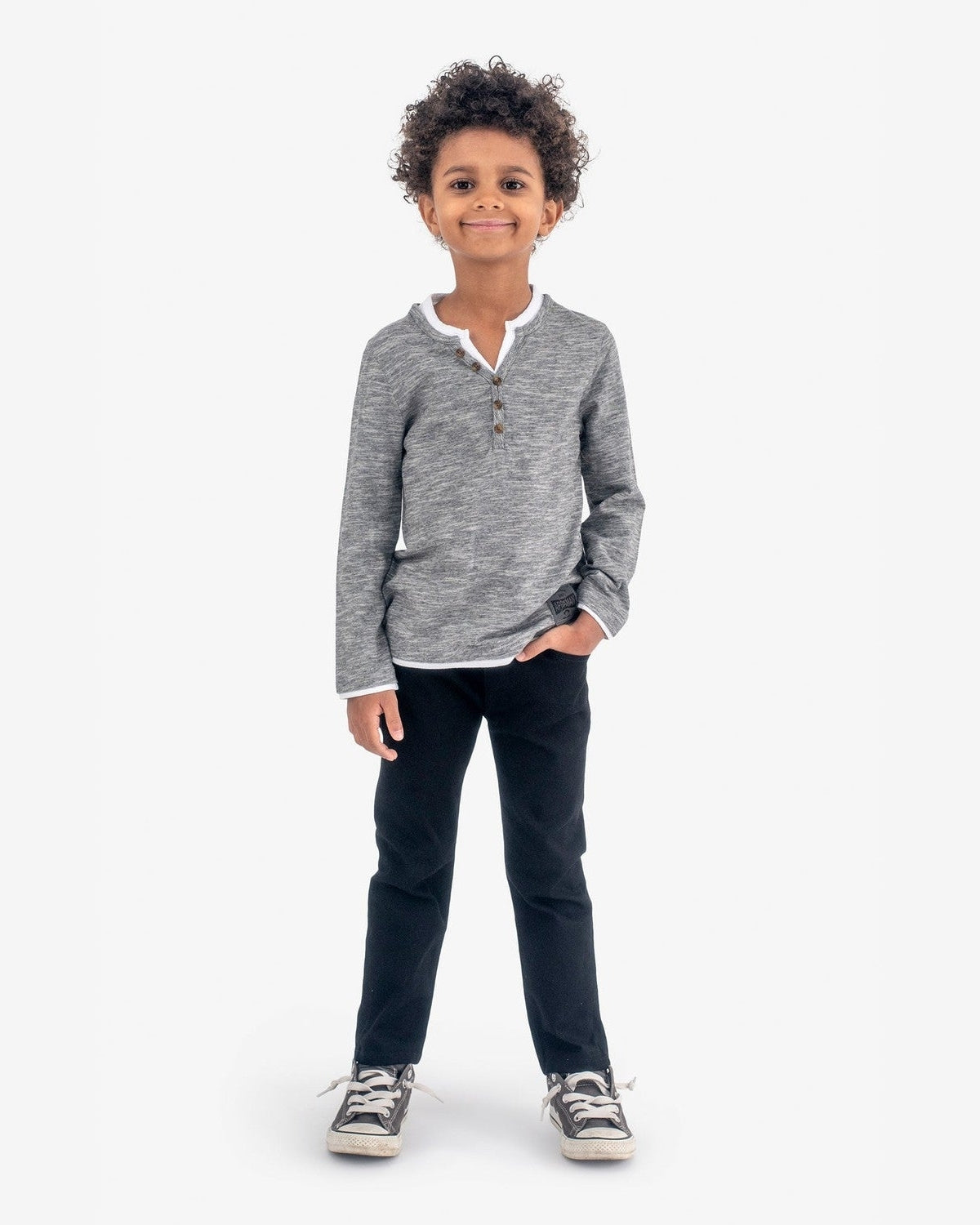 Stylish kiddo in a grey striped Camden henley, ready for fun playdates in high-quality, durable kids clothes.