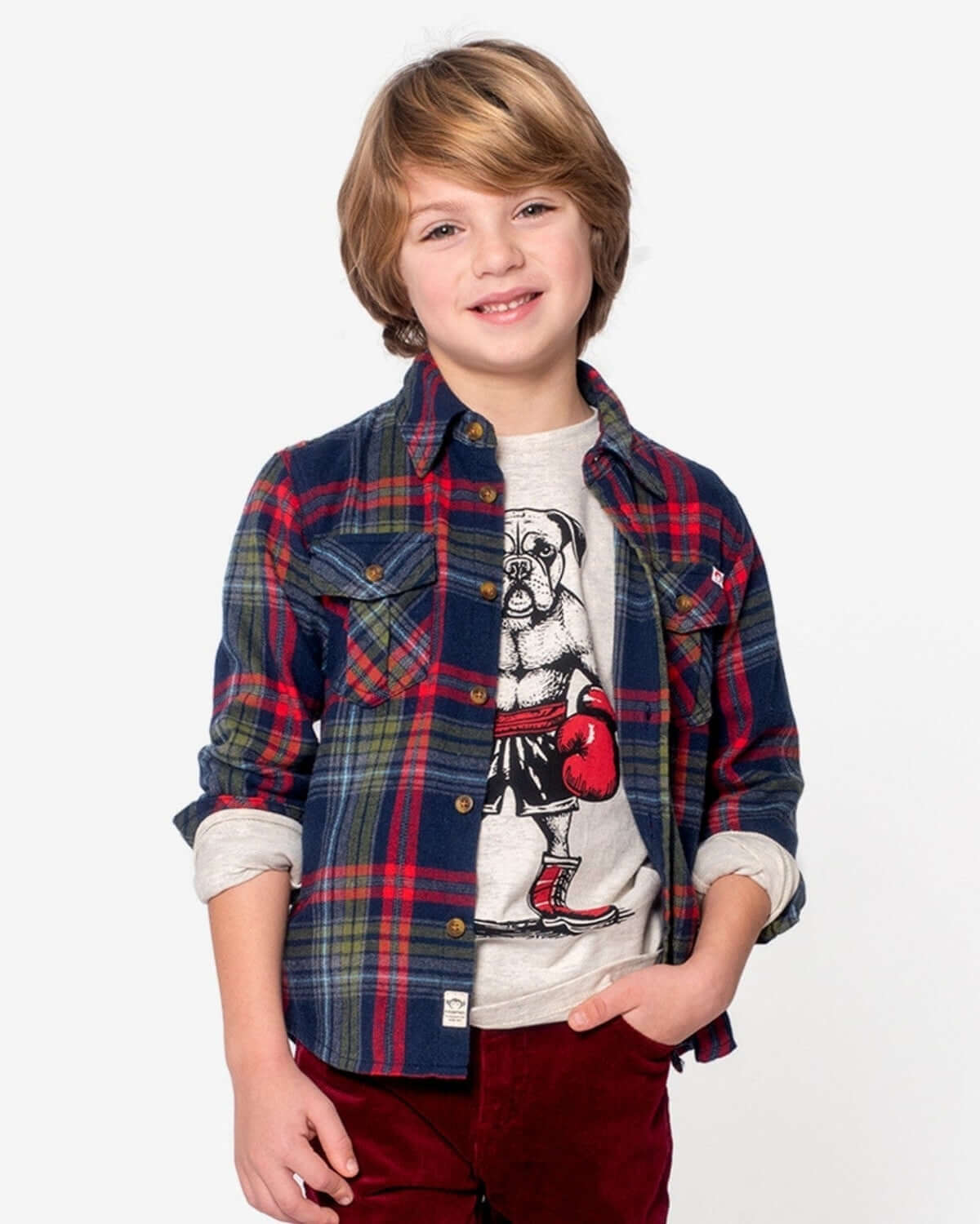 Stylish boy in a navy and cranberry plaid flannel shirt, effortlessly cool and ready for school adventures!