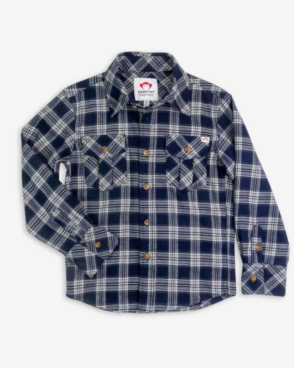 Navy plaid flannel shirt for kids—stylish comfort for autumn adventures, perfect for apple picking fun!