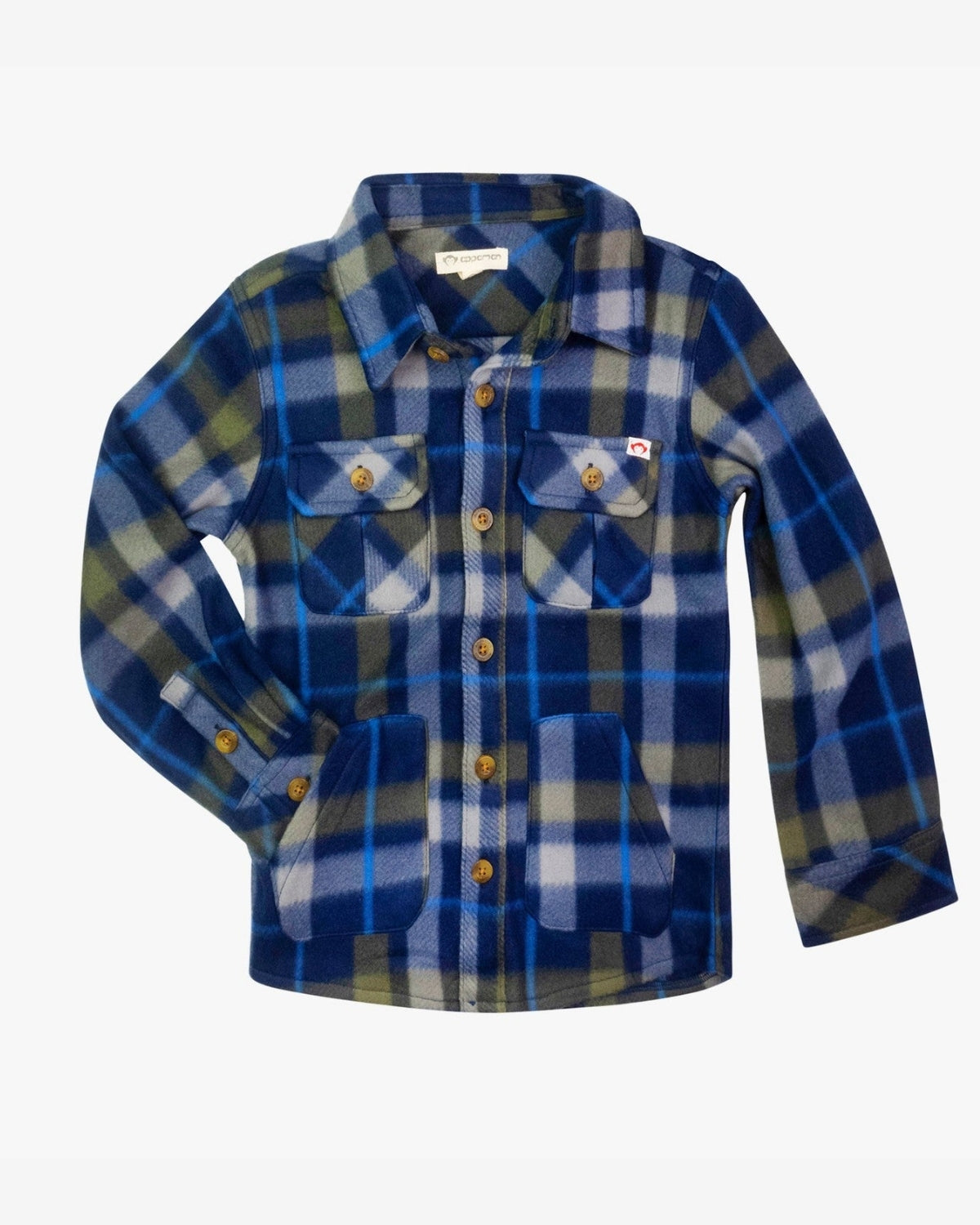 Olive and Navy plaid fleece shirt for kids, stylish warmth for winter adventures, perfect for back to school fun.