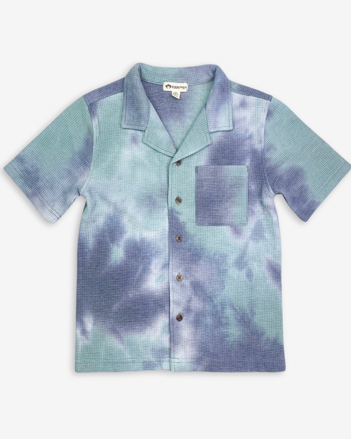 Cool seafoam tie-dye resort shirt for kids—stylish, comfy, and ready for summer adventures!